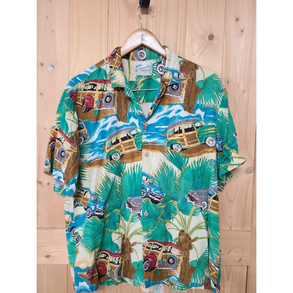 Diamond Head Sportswear Hawaiian Shirt Mens‎ L Multicolor Excellent Woody Wagon